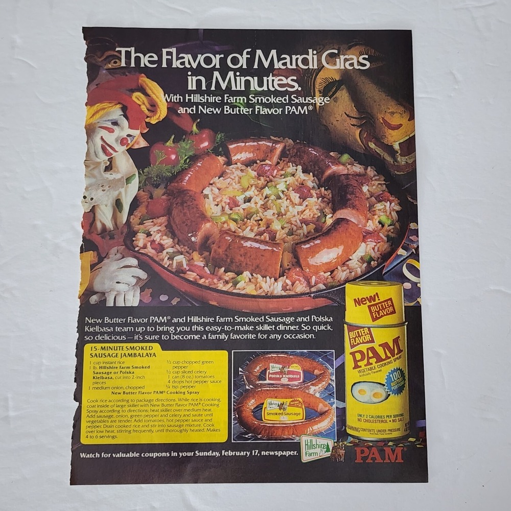 Vintage 1985 PAM Hillshire Farm Smoked Sausage Print Ad Recipe Clipping 8x11